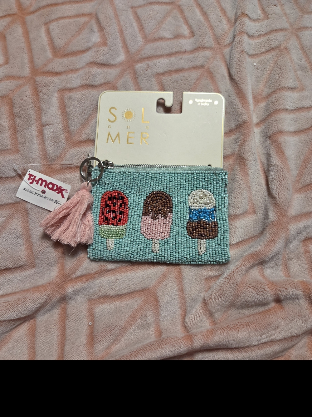 Sol And Mer Beaded Turquoise Popsicle Coin Pouch with Pink Tassel